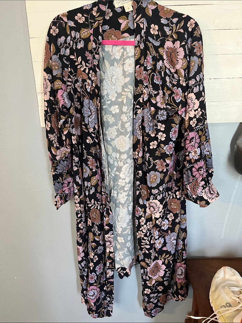 saltwater LUXE Black Floral Kimono with Pink & Lavender Accents